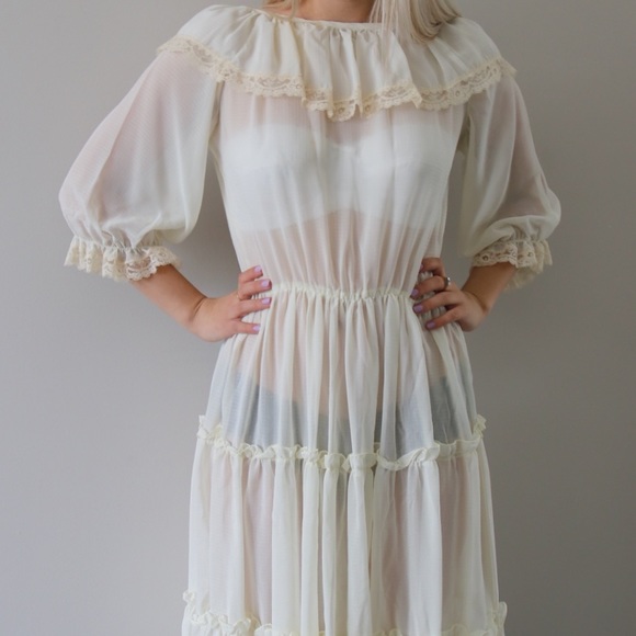 70’s Sheer Cream Romantic Prairie Dress - Picture 3 of 6
